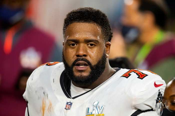 Feb 4, 2021; Tampa, FL, USA; Tampa Bay Buccaneers offensive tackle Donovan Smith (76) against the Kansas City Chiefs in Super Bowl LV at Raymond James Stadium. Mandatory Credit: Mark J. Rebilas-USA TODAY Sports